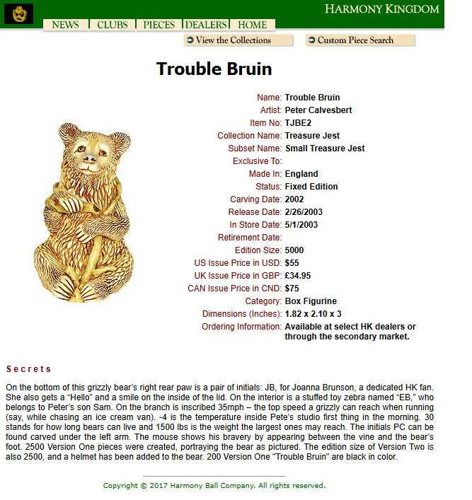 2003 Harmony Kingdom Trouble Bruin Bear Version 1 Figurine Box