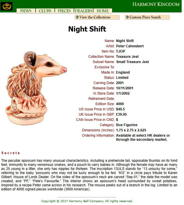 Harmony Kingdom Night Shift Opossum Box Figurine