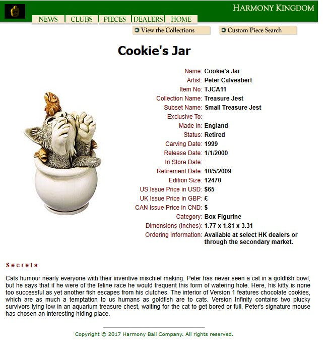 2000 Harmony Kingdom Cookie's Jar Cat Box Figurine