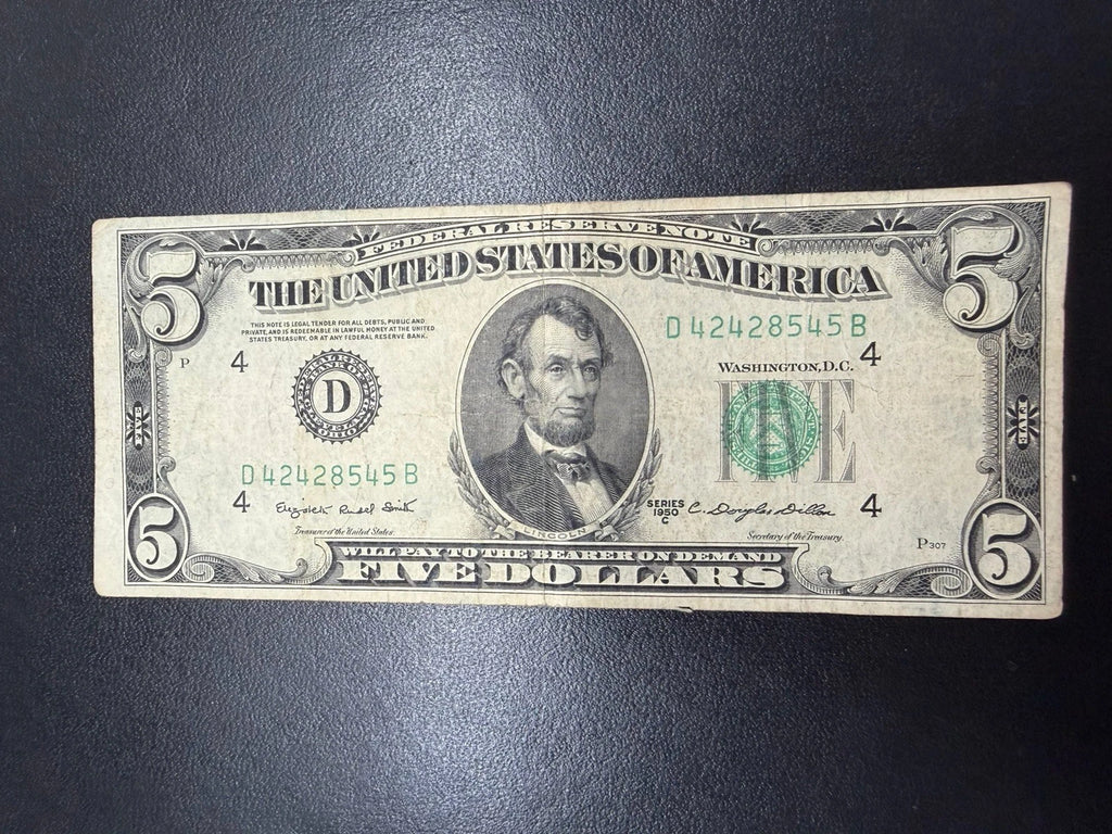1950C $5 Federal Reserve Note Cleveland D Green Seal Fr. 1963-D Vintage Bill