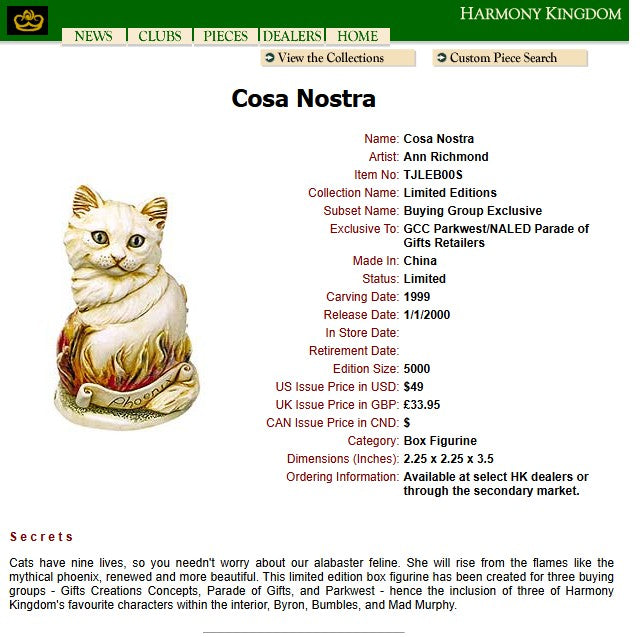 Harmony Kingdom Cosa Nostra Cat Phoenix Box Figurine TJLEB00S Signed