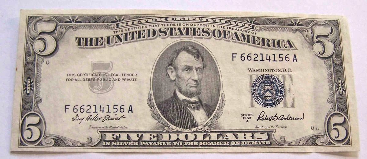 1953A $5 US Silver Certificate Blue Seal Series Note Lincoln Memorial