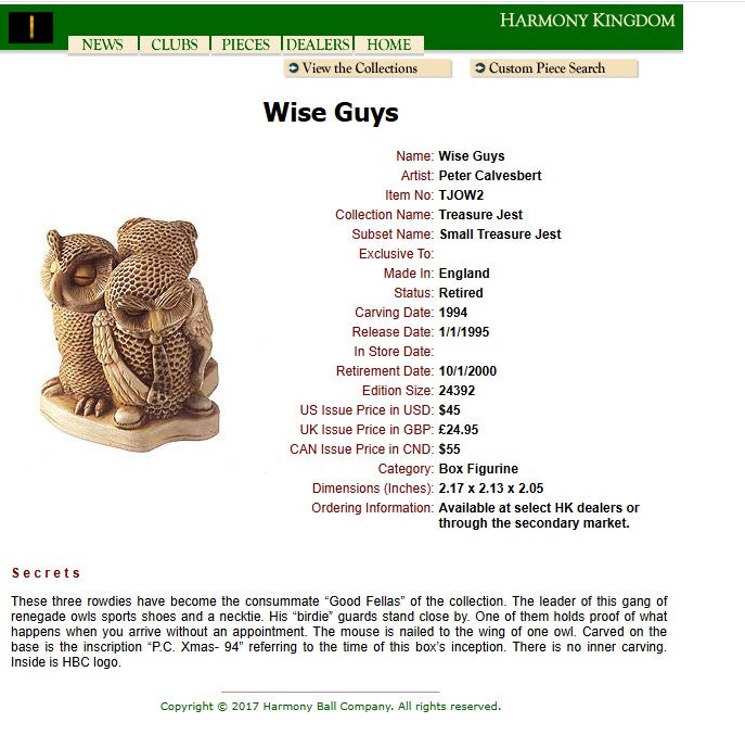 1995 Harmony Kingdom Wise Guys Owl Box Figurine
