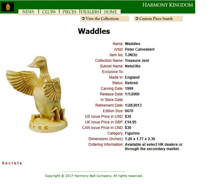 2000 Harmony Kingdom Waddles Duck NetsUKe Figurine