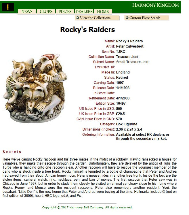 1998 Harmony Kingdom Rocky's Raiders Raccoon Box Figurine