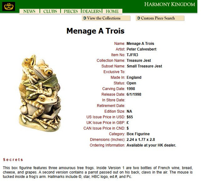 Harmony Kingdom Menage A Trois Frogs TJFR3