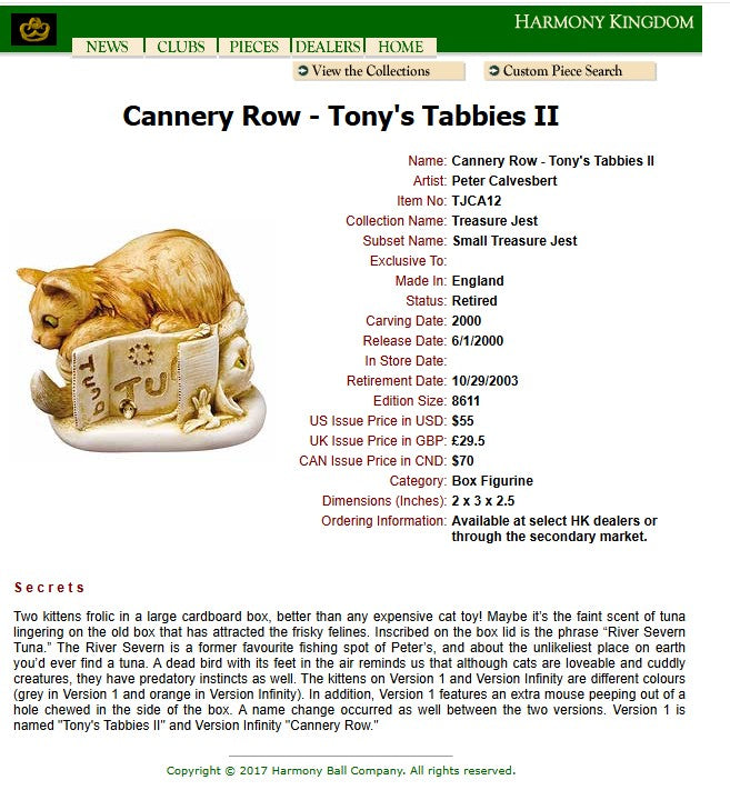 2000 Harmony Kingdom Tony's Tabbies II Cannery Row Cat Box Figine