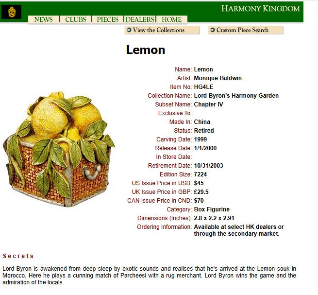 Harmony Kingdom Lemon Figurine Box HG4LE