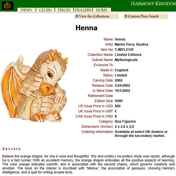 Harmony Kingdom Henna Dragon Signed 2897/5000