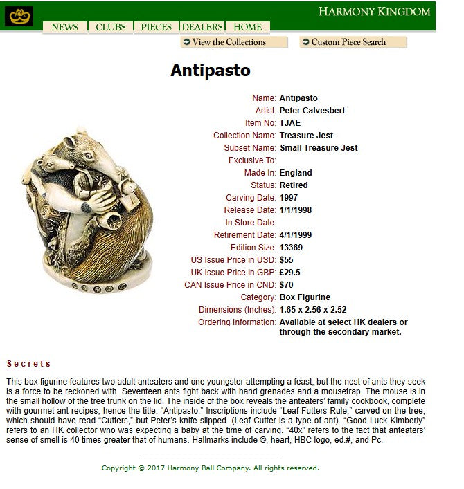 1998 Harmony Kingdom Antipasto Anteater Box Figurine