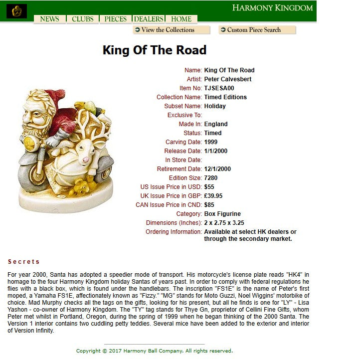 2000 Harmony Kingdom King Of The Road Christmas Box Figurine