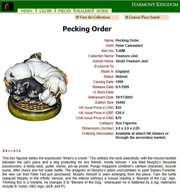 Harmony Kingdom Pecking Order Dog Cat Mouse Box Figurine