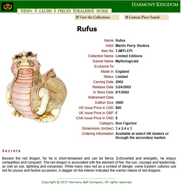 2002 Harmony Kingdom Rufus Dragon Signed 1268/5000