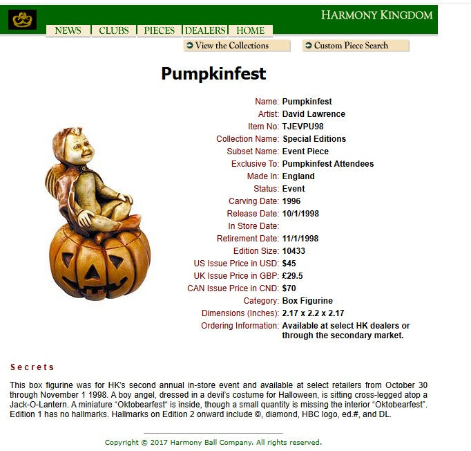 1998 Harmony Kingdom Pumpkinfest Event Box Figurine