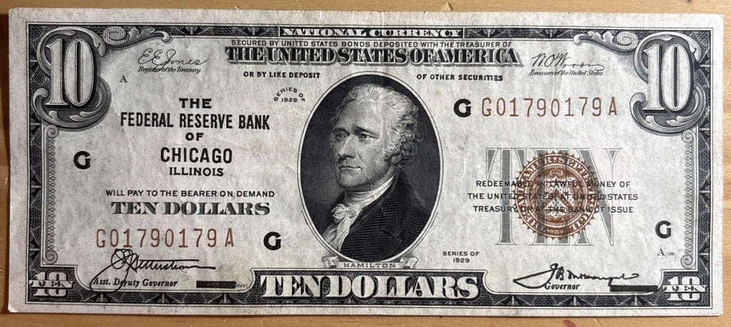 1929 $10 Federal Reserve Bank Note Chicago Illinois Brown Seal Currency