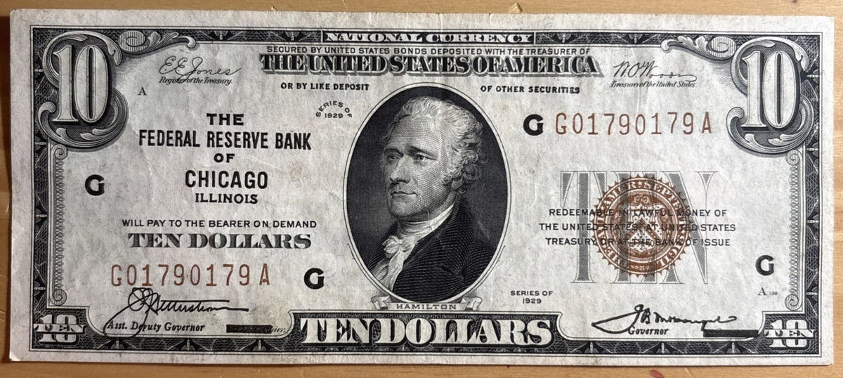1929 $10 Federal Reserve Bank Note Chicago Illinois Brown Seal Currency