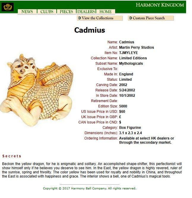 2002 Harmony Kingdom Cadmius Dragon Signed 3207/5000