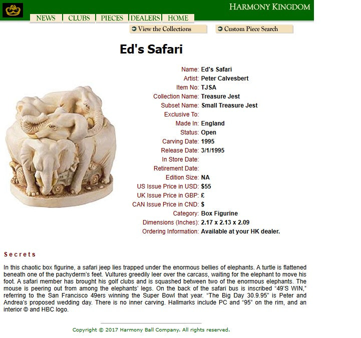 1995 Harmony Kingdom Ed's Safari Elephant Box