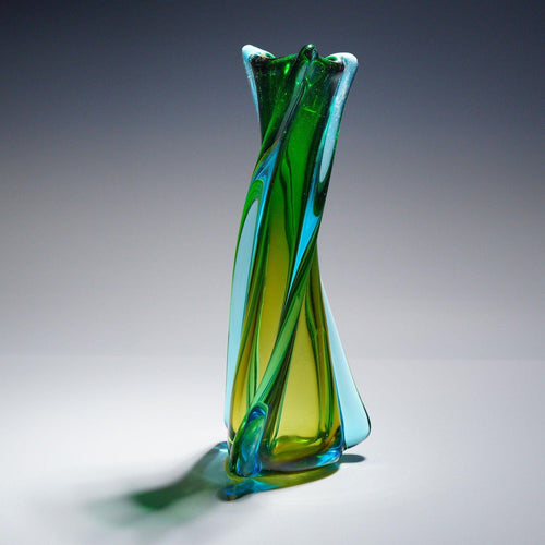 12" Murano Sommerso Twisted Swung Vase Green Blue Lime Mid-Century Art Glass MCM