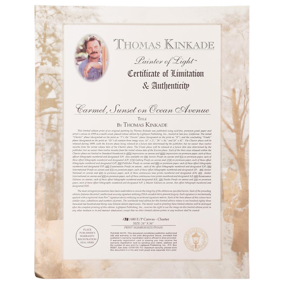 Thomas Kinkade Carmel Sunset on Ocean Avenue E/P Canvas Charter Edition #138/680