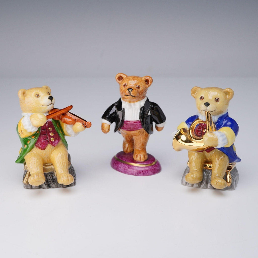 Halcyon Days Teddy Bear Orchestra 3pc Set Violin Conductor Horn English Enamel
