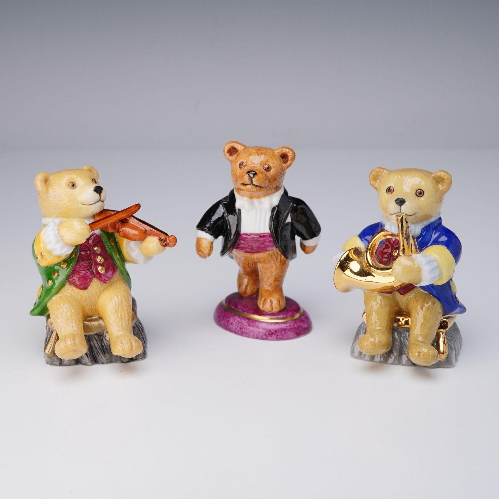 Halcyon Days Teddy Bear Orchestra 3pc Set Violin Conductor Horn English Enamel