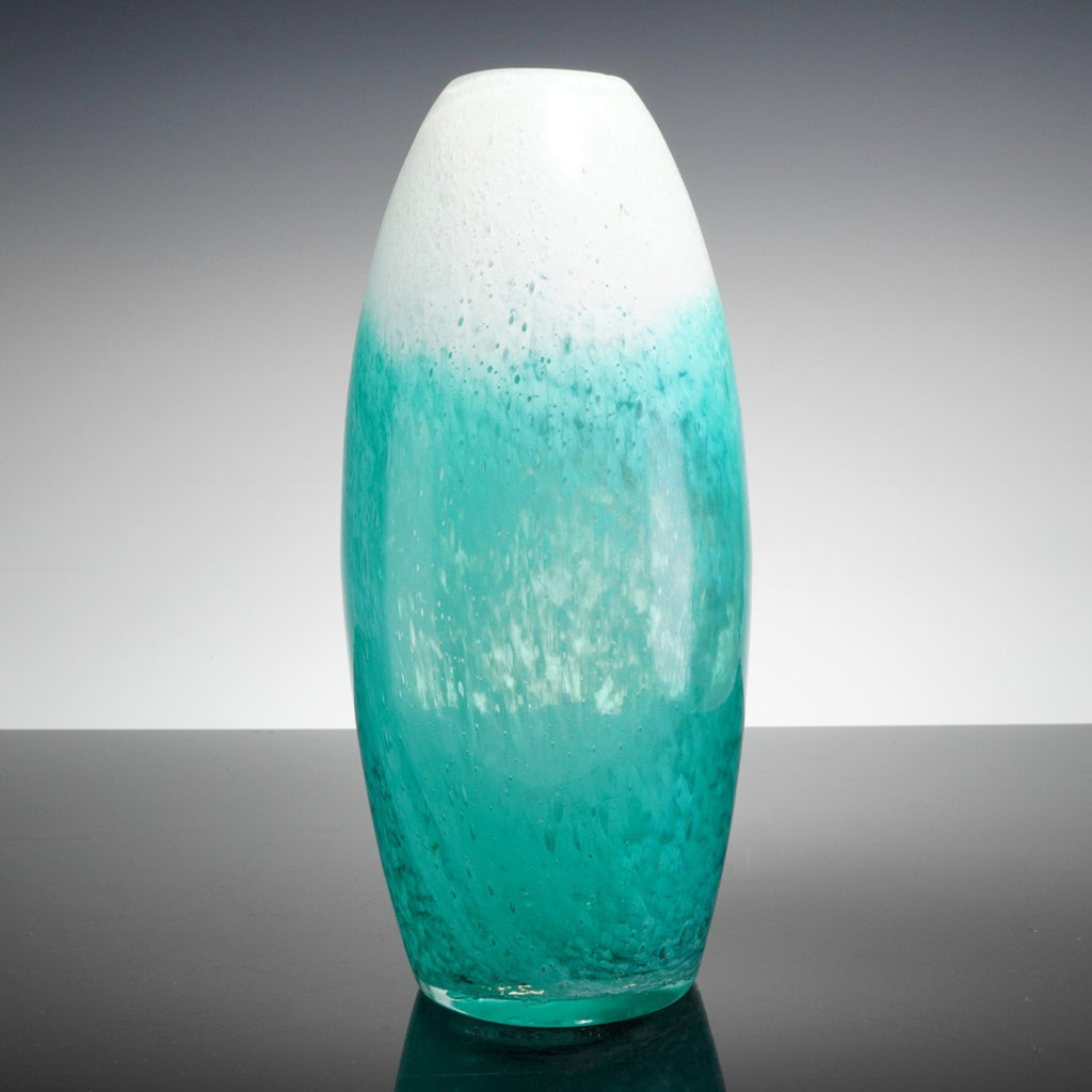 Teal and White Art Glass Vase Oviform Blown Glass 12" Tall Mottled Green Base