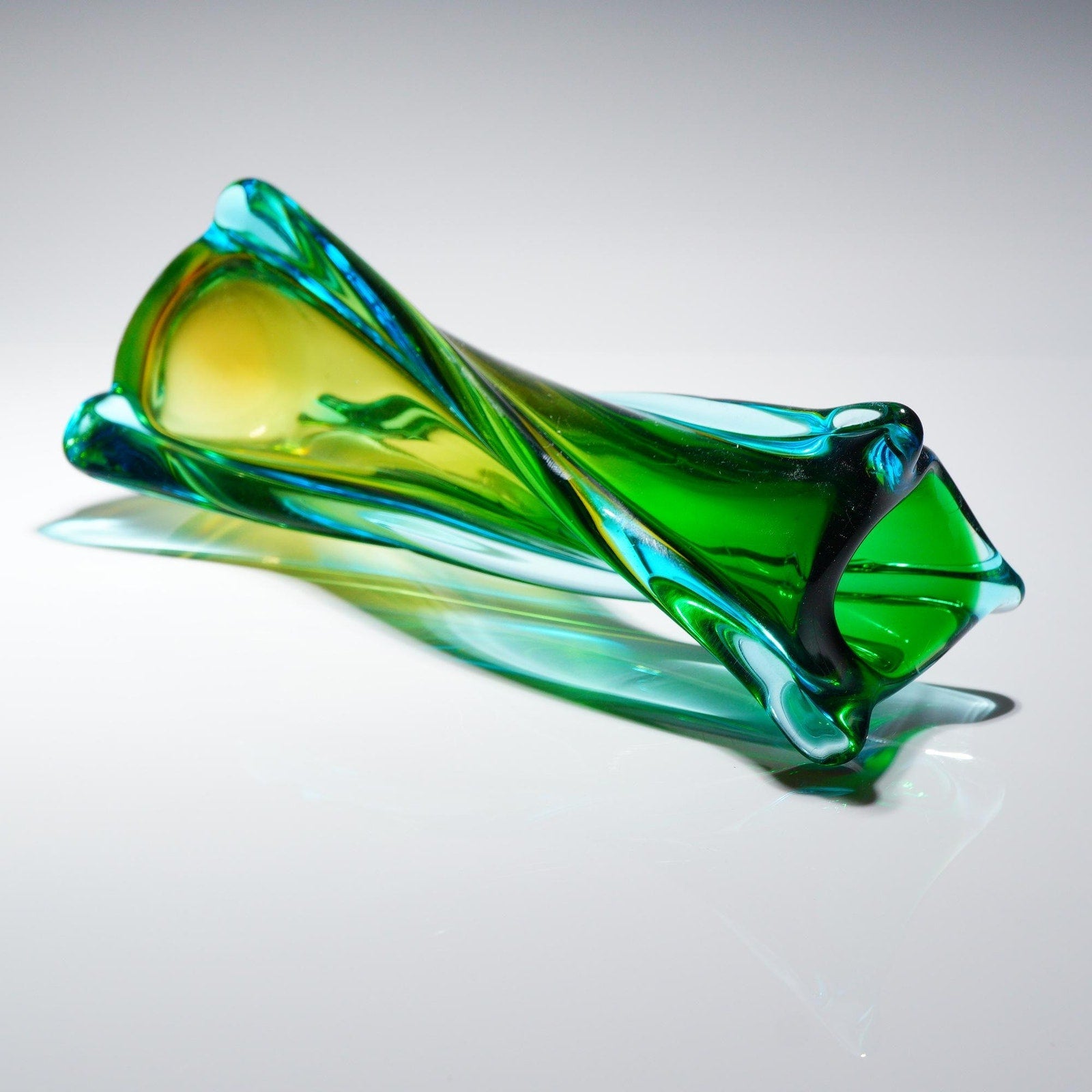 12" Murano Sommerso Twisted Swung Vase Green Blue Lime Mid-Century Art Glass MCM