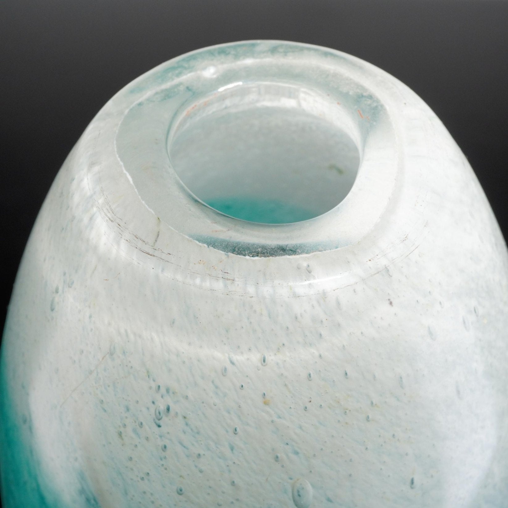 Teal and White Art Glass Vase Oviform Blown Glass 12" Tall Mottled Green Base