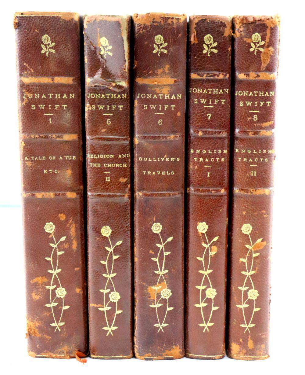 19thC Jonathan Swift 5 Vol Leather Set Gulliver's Travels Dryden Ed Fine Binding