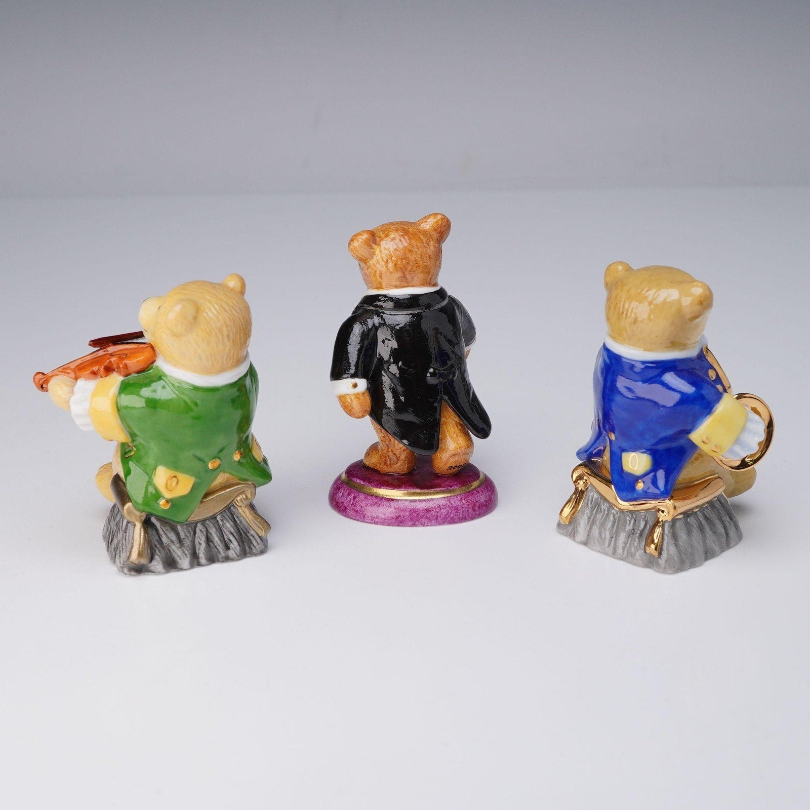 Halcyon Days Teddy Bear Orchestra 3pc Set Violin Conductor Horn English Enamel