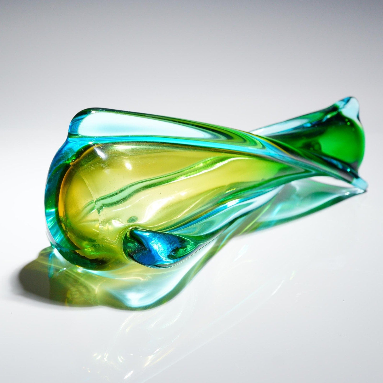 12" Murano Sommerso Twisted Swung Vase Green Blue Lime Mid-Century Art Glass MCM