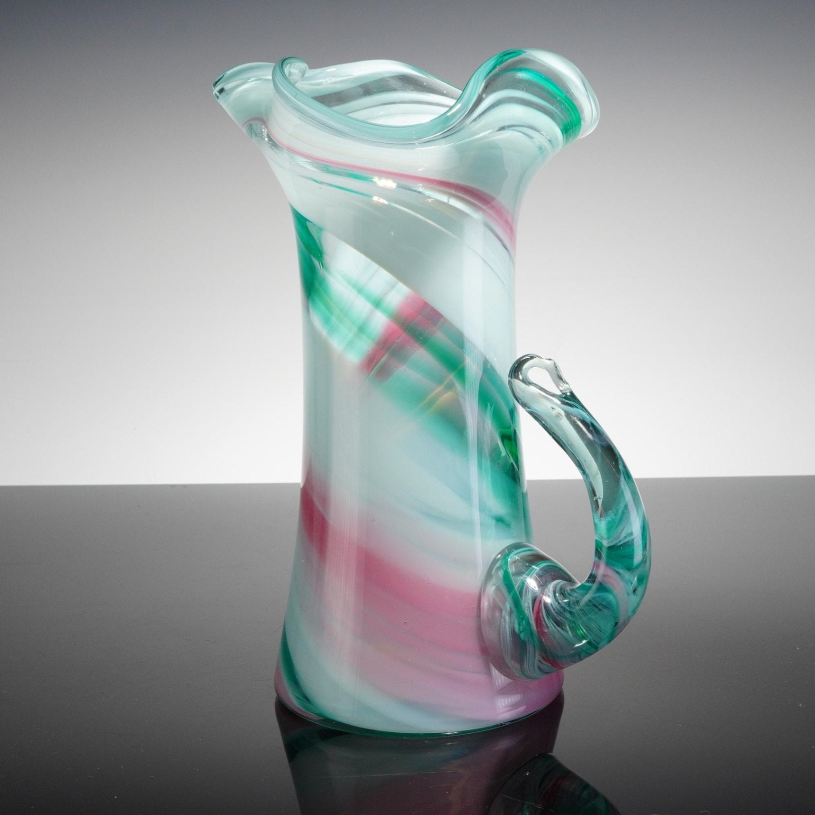 Art Glass Swirl Pitcher 11" Aqua Pink Teal Opalescent Hand Blown Ruffled Rim