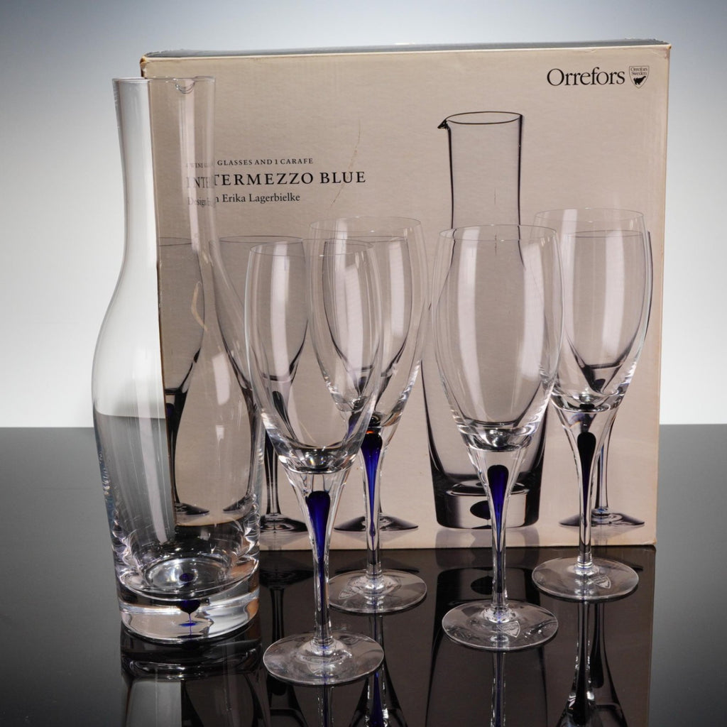 Orrefors Intermezzo Blue 5pc Drinkware Set Erika Lagerbielke Carafe 4 Stems Box