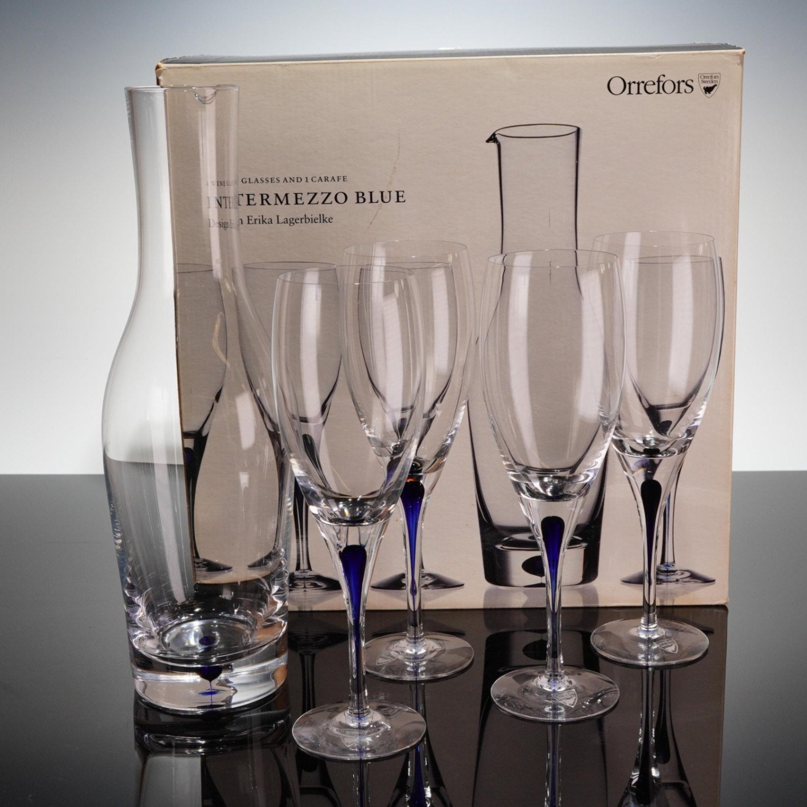 Orrefors Intermezzo Blue 5pc Drinkware Set Erika Lagerbielke Carafe 4 Stems Box