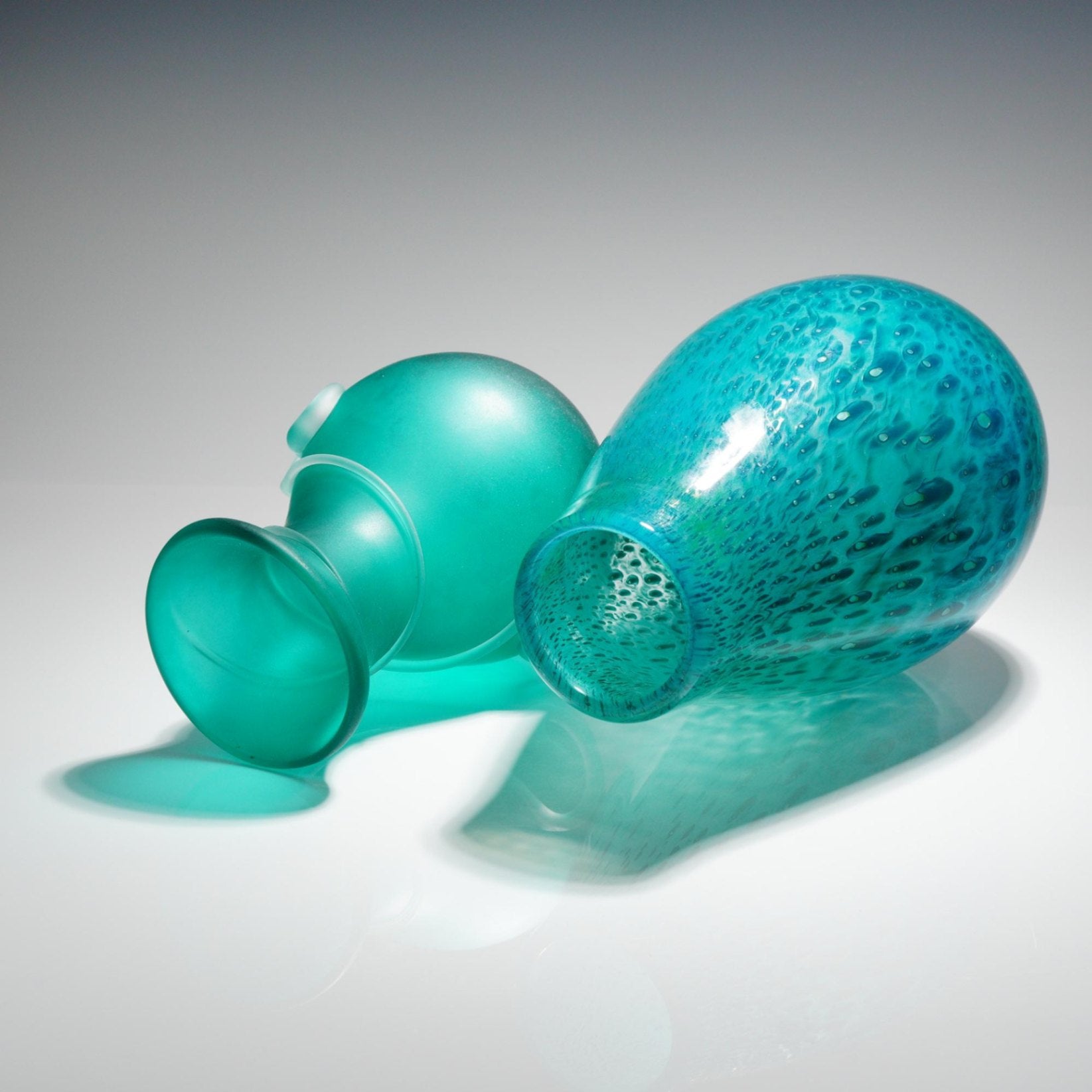 2pc Studio Art Glass Vases Teal Peacock Style Set Hand Blown 10.75" Frosted