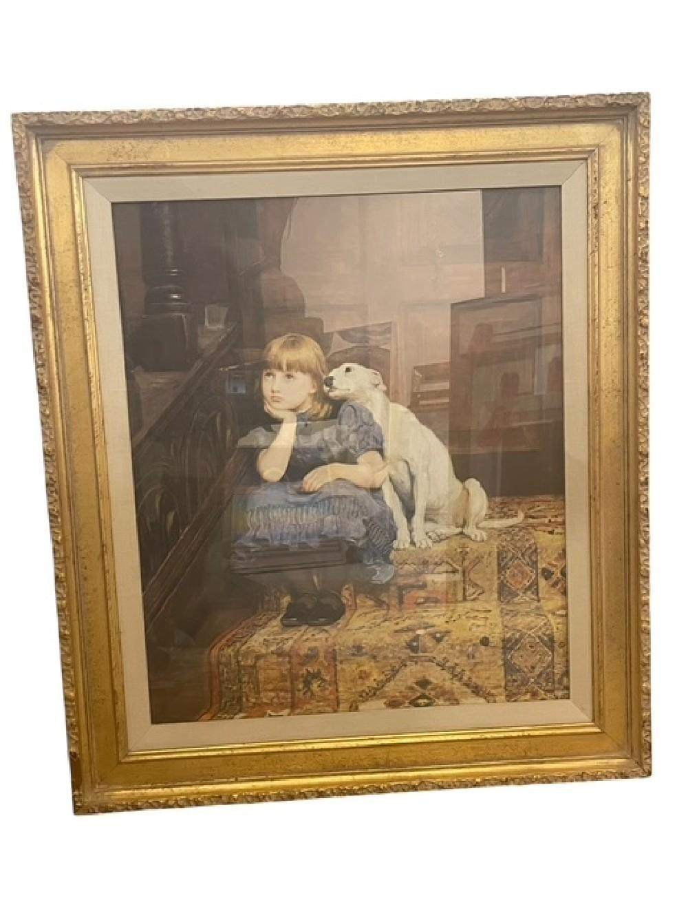 Briton Riviere Sympathy Framed Print Girl & Dog Victorian Gold Gilt Frame 26x31