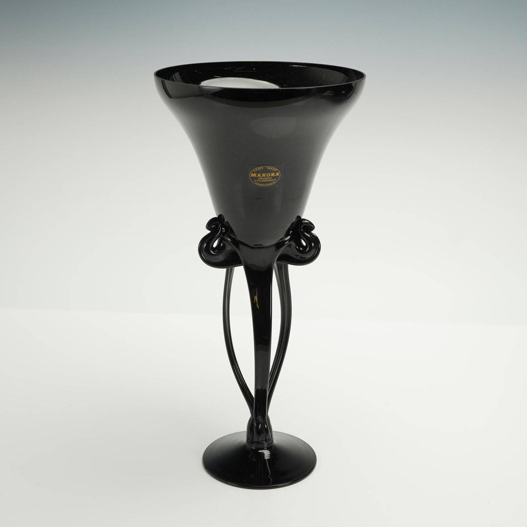 Makora Krosno Black Glass Vase Art Nouveau Style 13" Tall Polish Hand Made