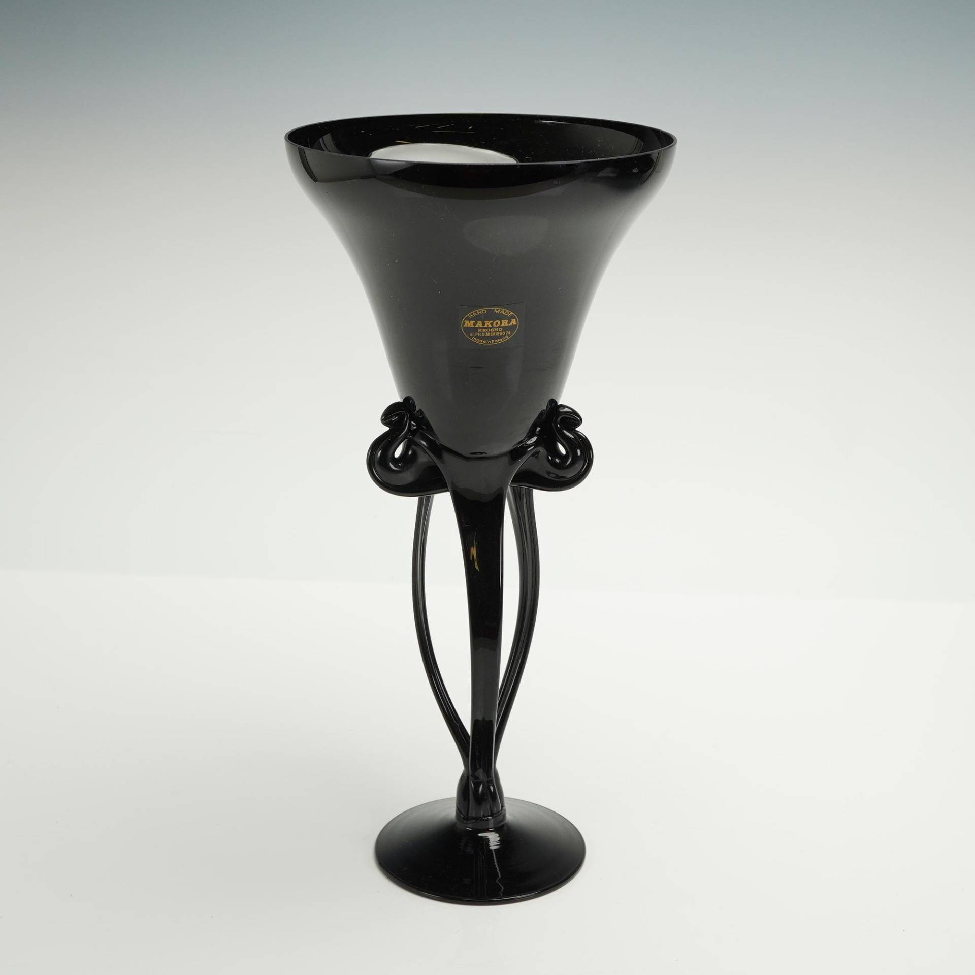 Makora Krosno Black Glass Vase Art Nouveau Style 13" Tall Polish Hand Made