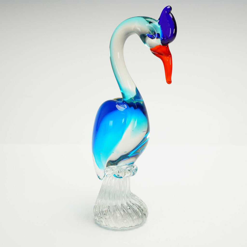 MCM Art Glass Crane Figurine Bird 9.75" Blue Internal Swirls Murano Style 1960s