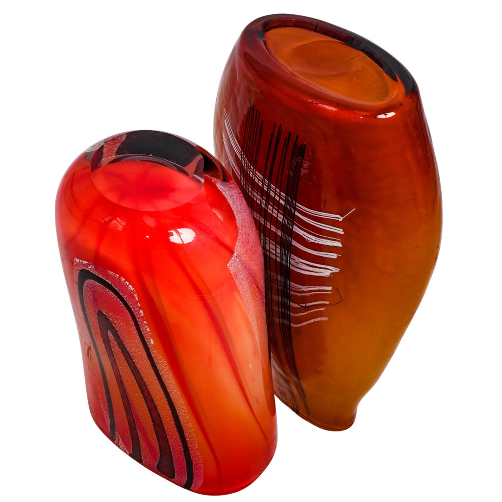Set of 2 Studio Art Glass Vases Abstract Orange Burgundy Amber 10.5" 12.5"