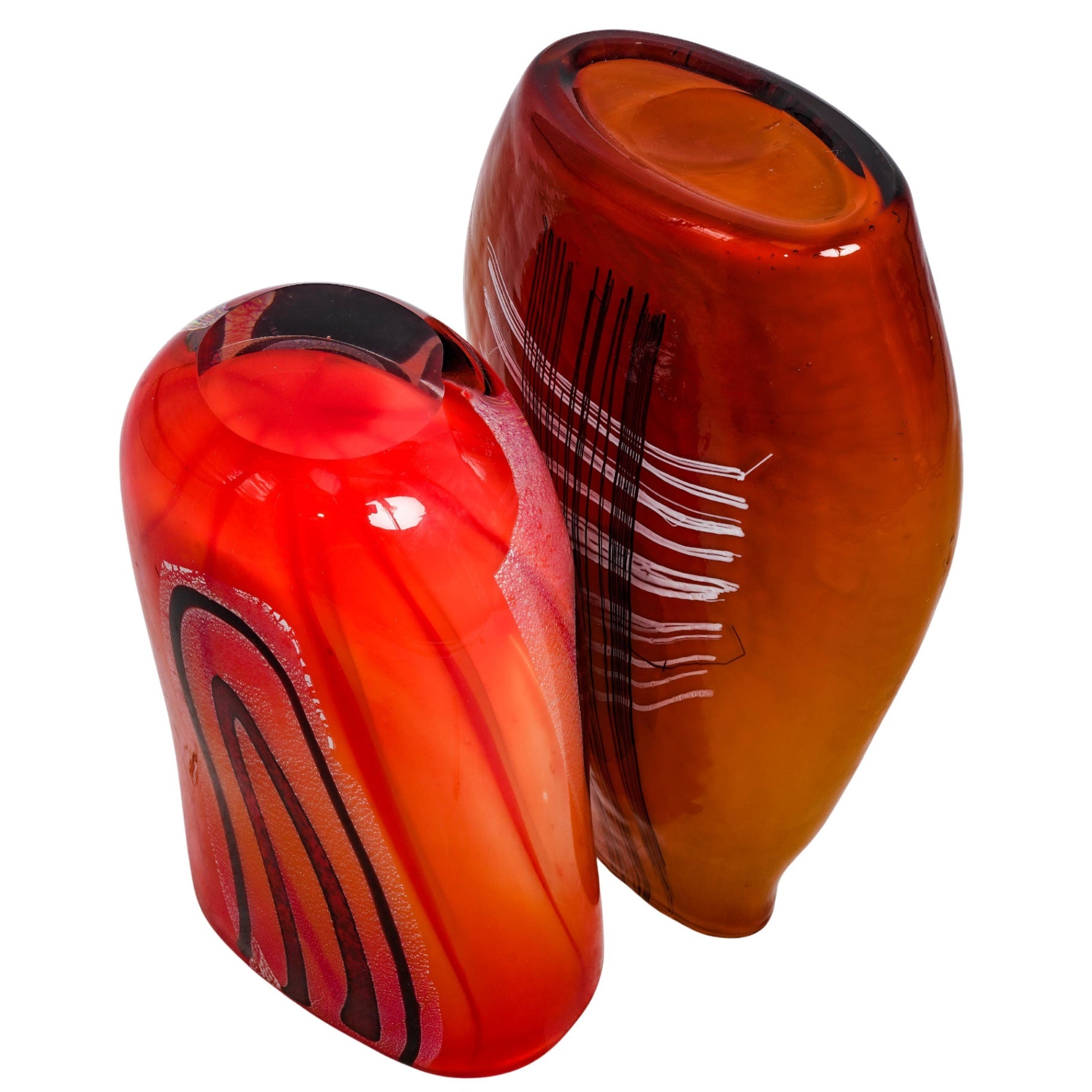 Set of 2 Studio Art Glass Vases Abstract Orange Burgundy Amber 10.5" 12.5"