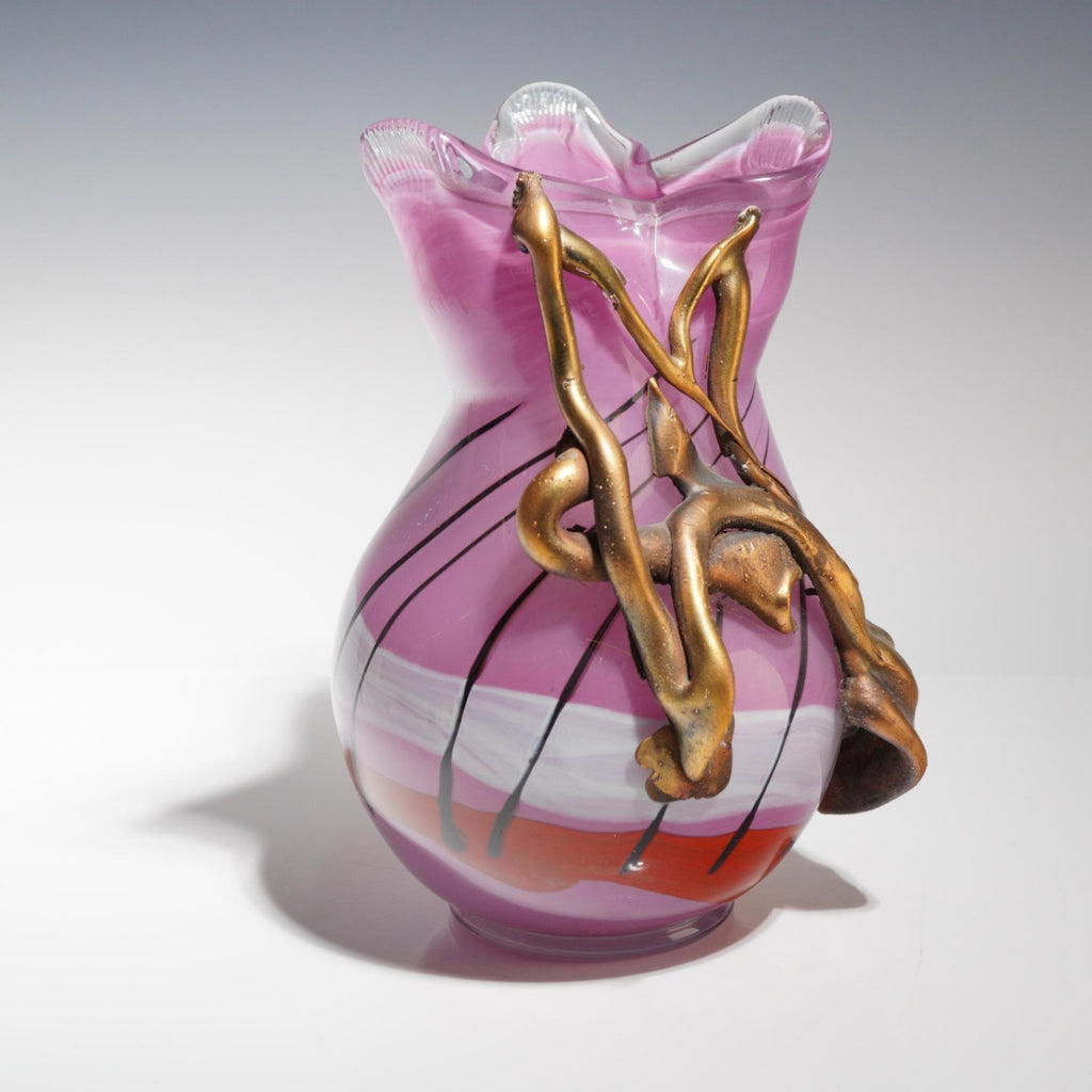 Misu Coman Hand Blown Glass Vase 10" Applied Bronze Sculpture Signed Art Studio