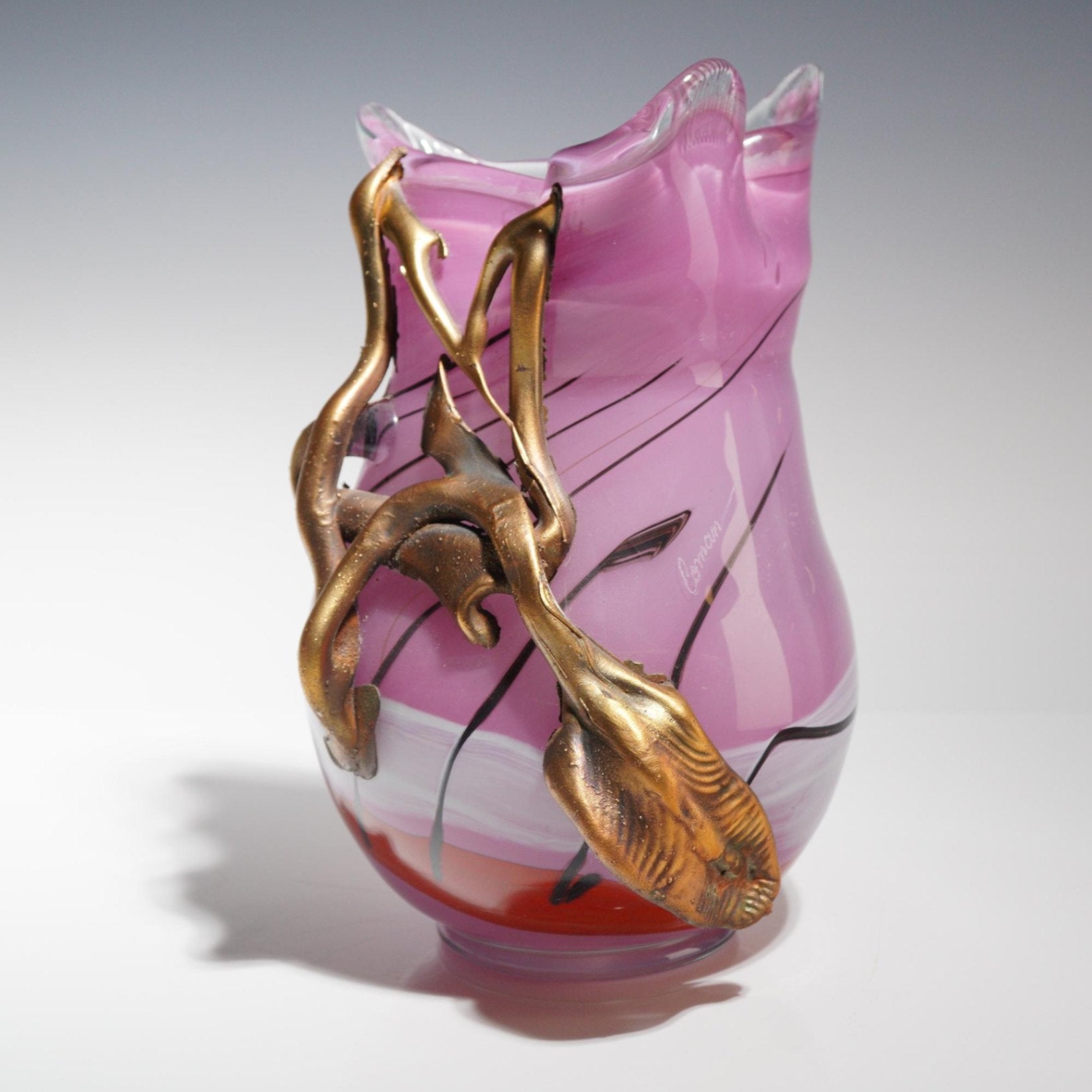 Misu Coman Hand Blown Glass Vase 10" Applied Bronze Sculpture Signed Art Studio