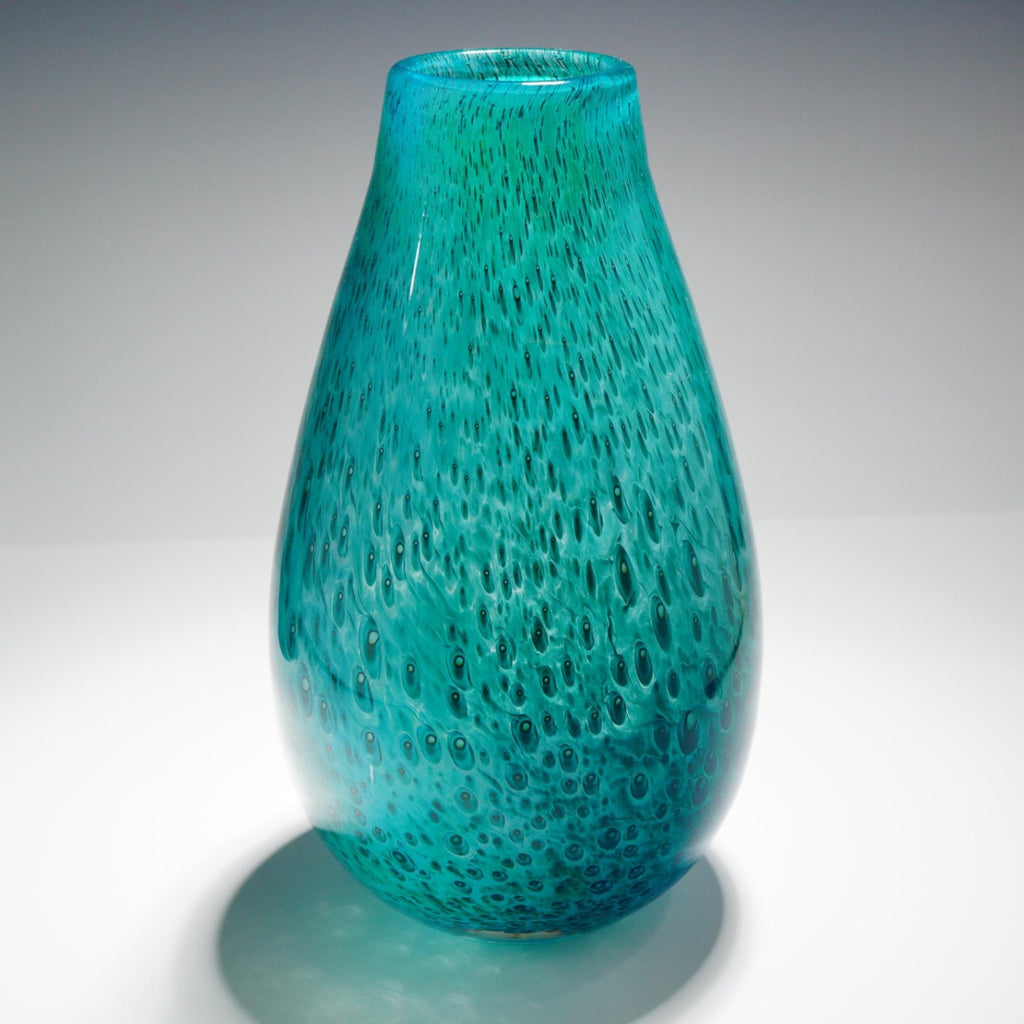 2pc Studio Art Glass Vases Teal Peacock Style Set Hand Blown 10.75" Frosted