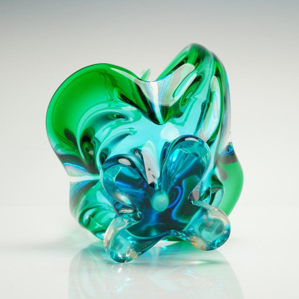 MCM Art Glass Centerpiece Antler Heart Loop Vase Turquoise Emerald Green 14"