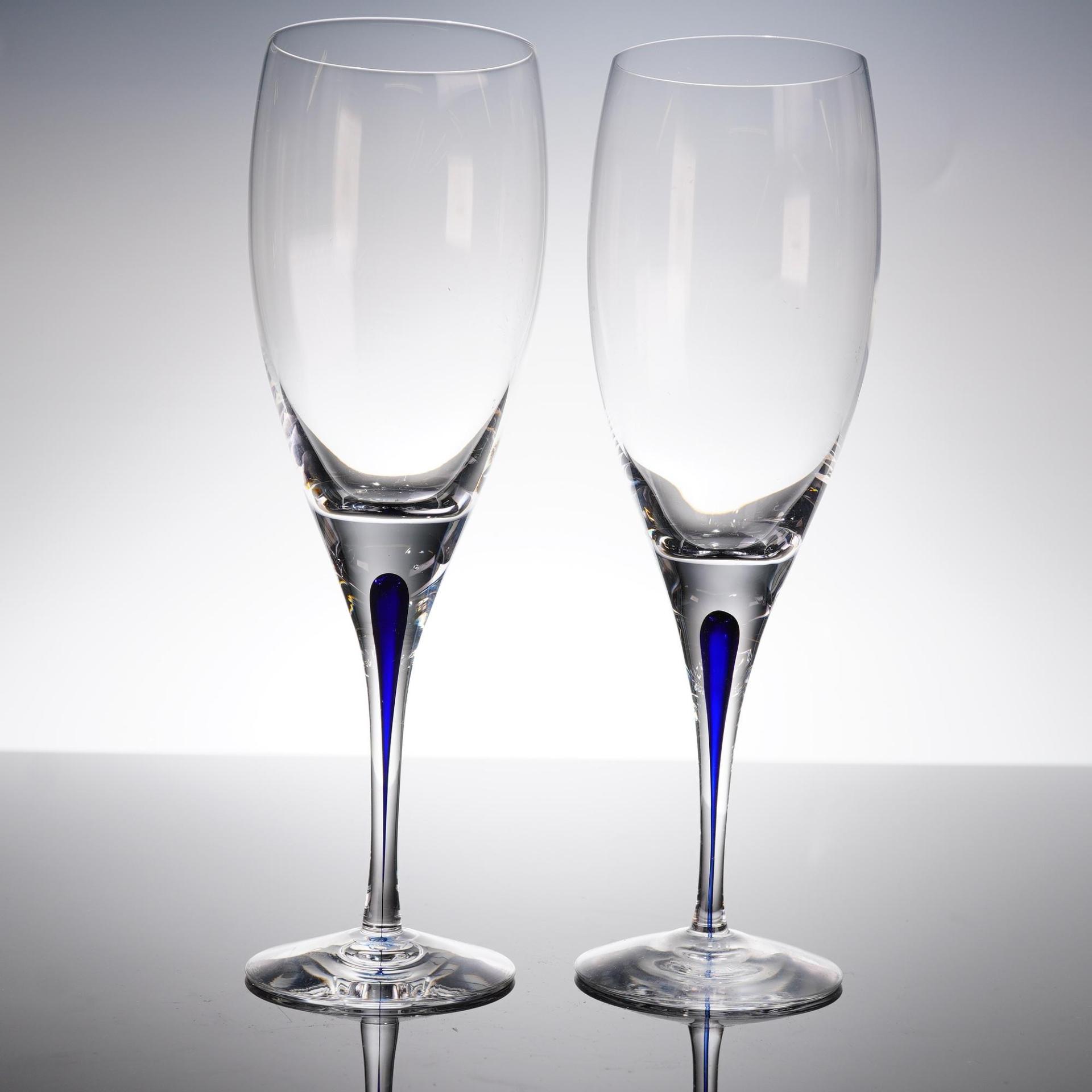 Pair Orrefors Intermezzo Blue Wine Glasses Cobalt Drop Stem Signed Sweden