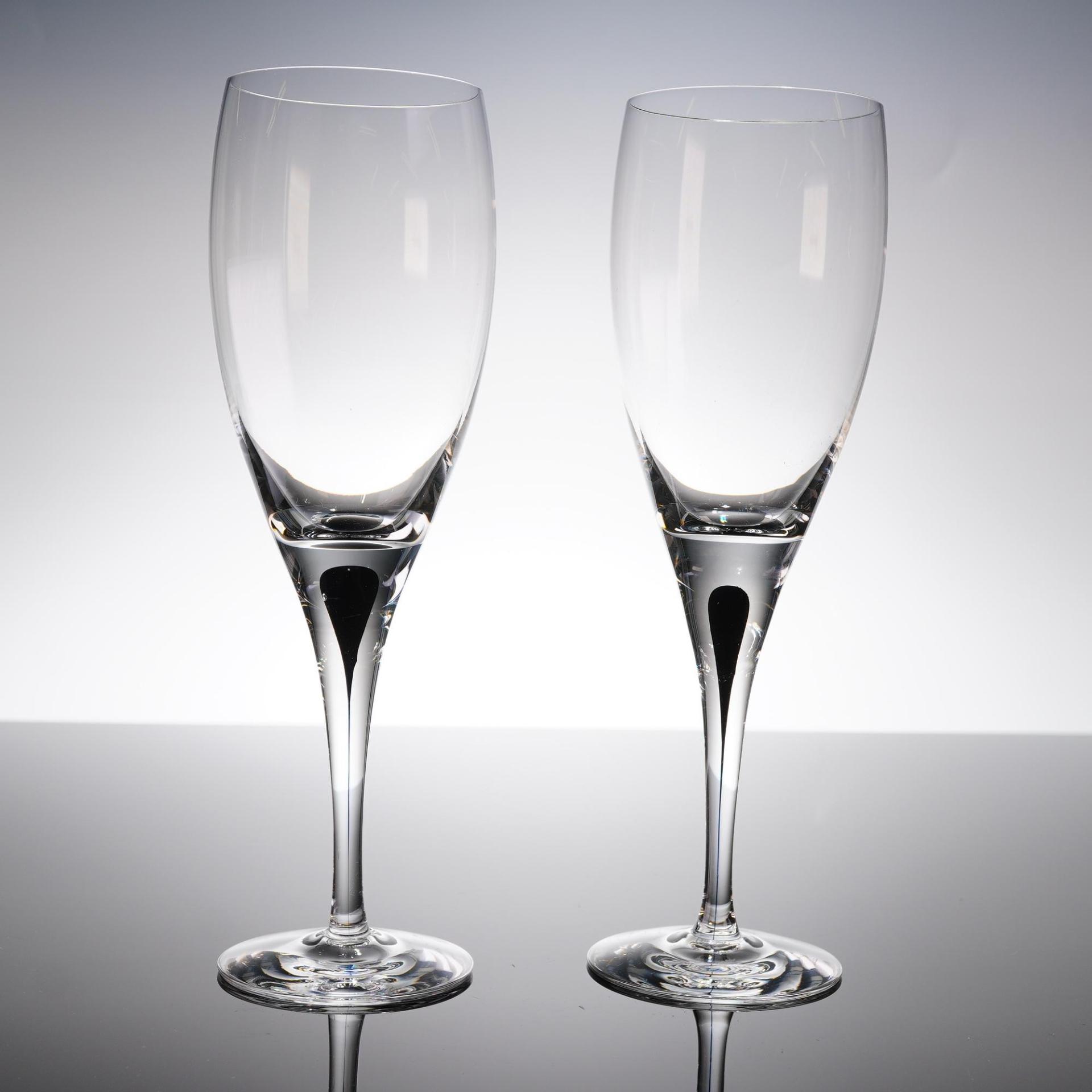 Pair Orrefors Intermezzo Black Champagne Flutes Crystal Erika Lagerbielke Signed