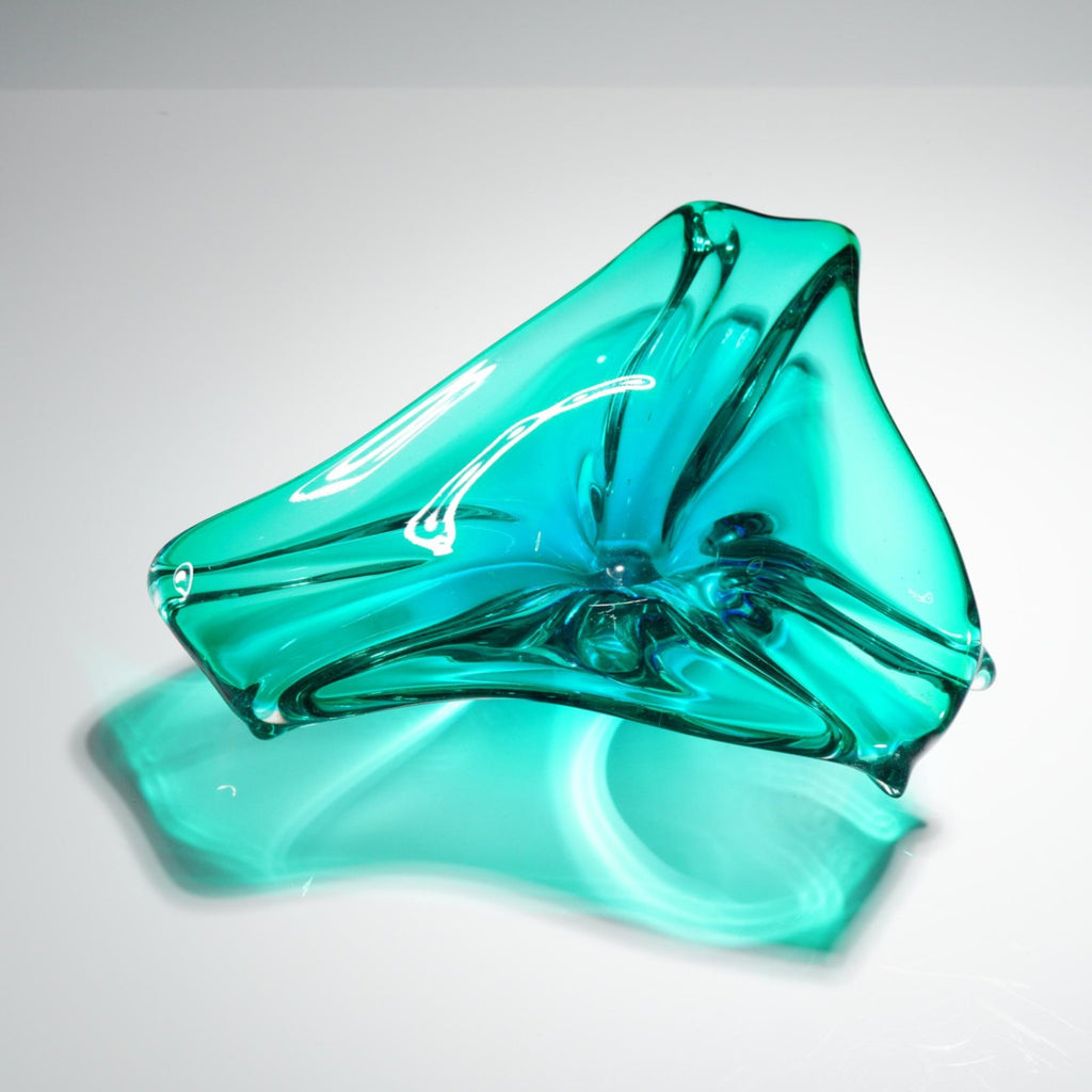 3pc MCM Teal Art Glass Set Freeform Splash Vase Ruffled Bowl & Footed Dish Vtg