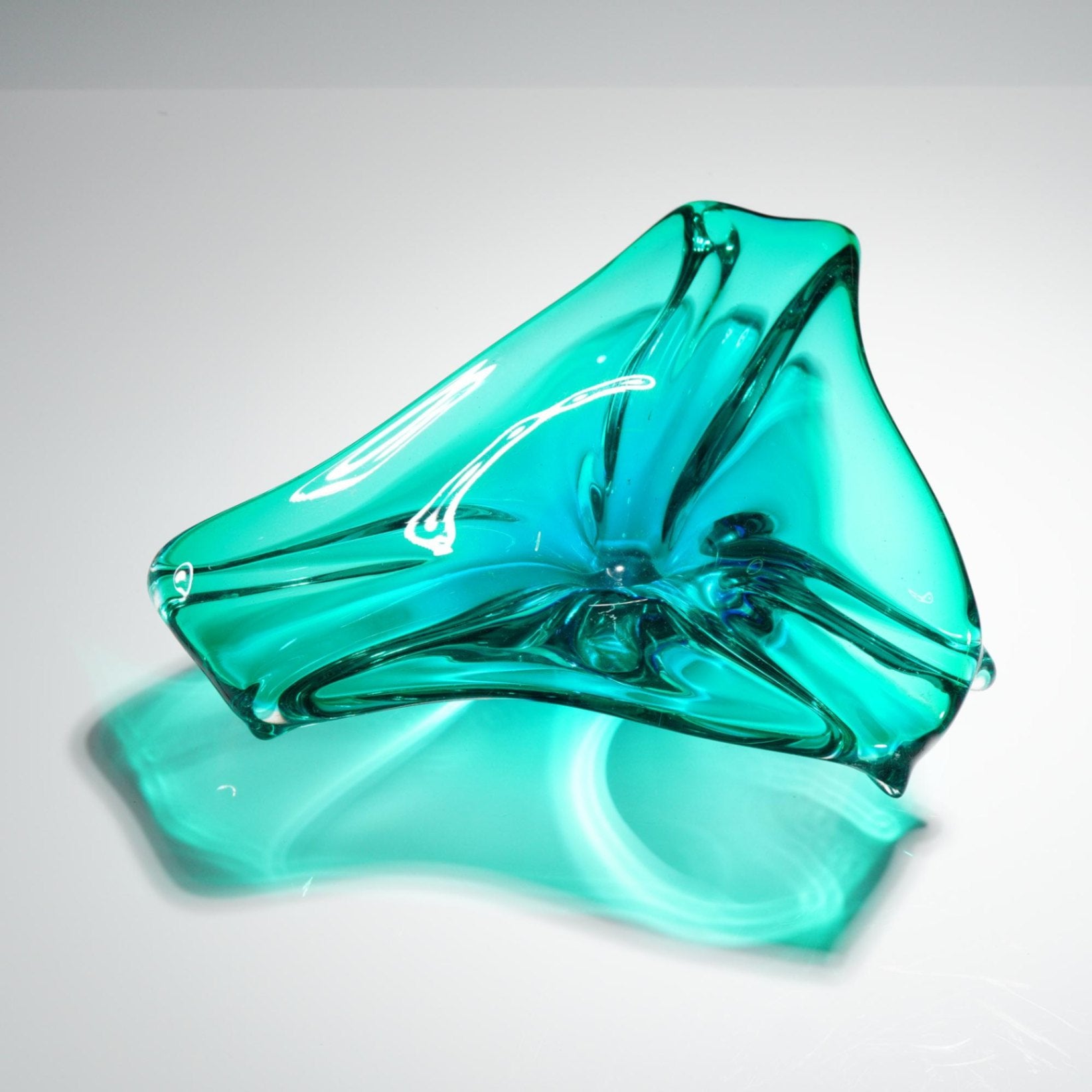 3pc MCM Teal Art Glass Set Freeform Splash Vase Ruffled Bowl & Footed Dish Vtg